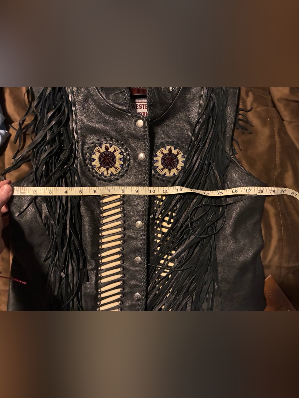 Western-Inspired Black Leather Fringe Vest with Beaded Accents, large, new - Picture 13 of 14